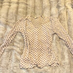 100% Silk Cream and Black Polka Dot Long Sleeve Top